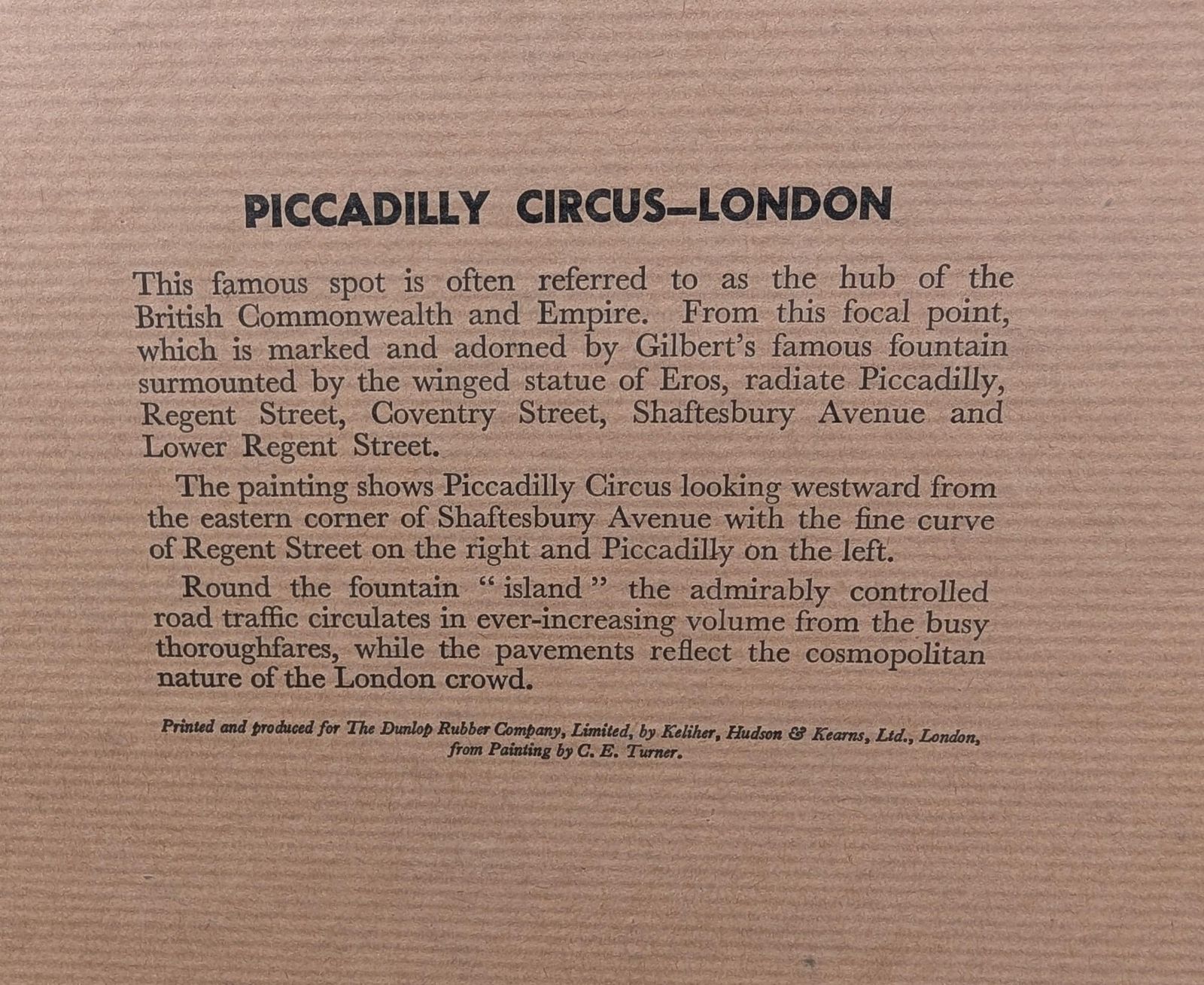 Vintage Print Of Piccadilly Circus   London Produced For Dunlop Rubber Company By Ce Turner photo for sale