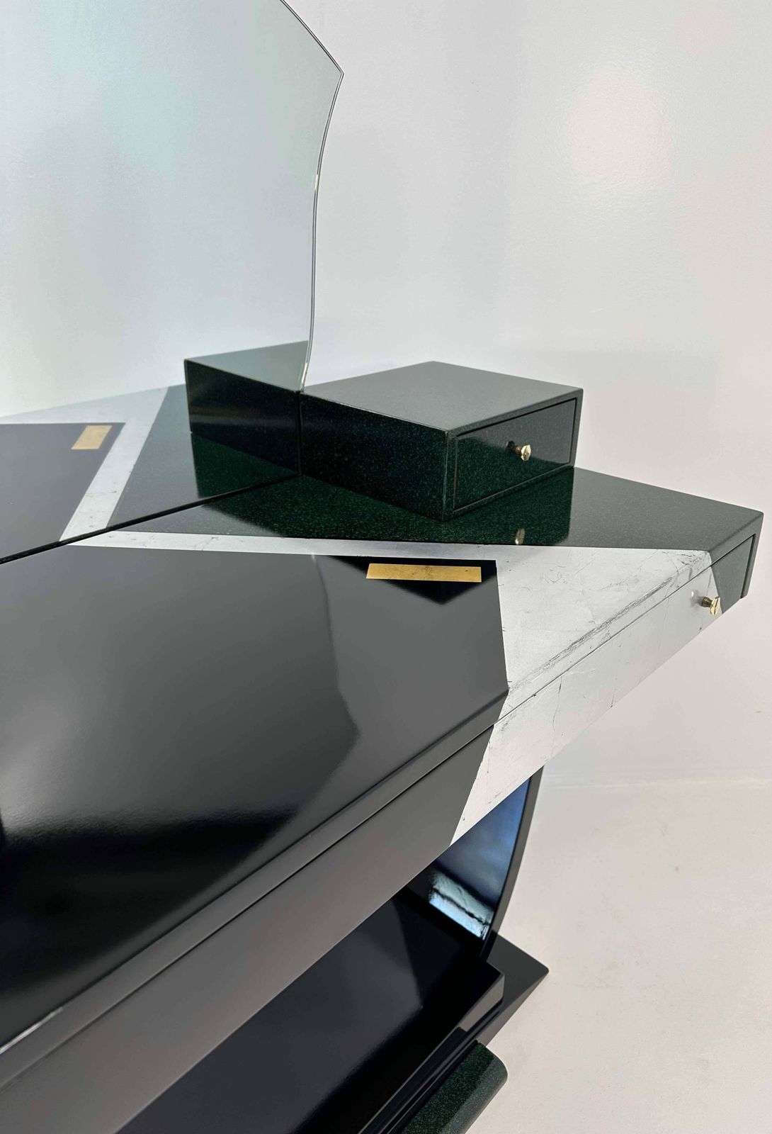 Italian Art Deco Black And Green Lacquer, Silver Leaf Vanity Table, 1970s photo vintage