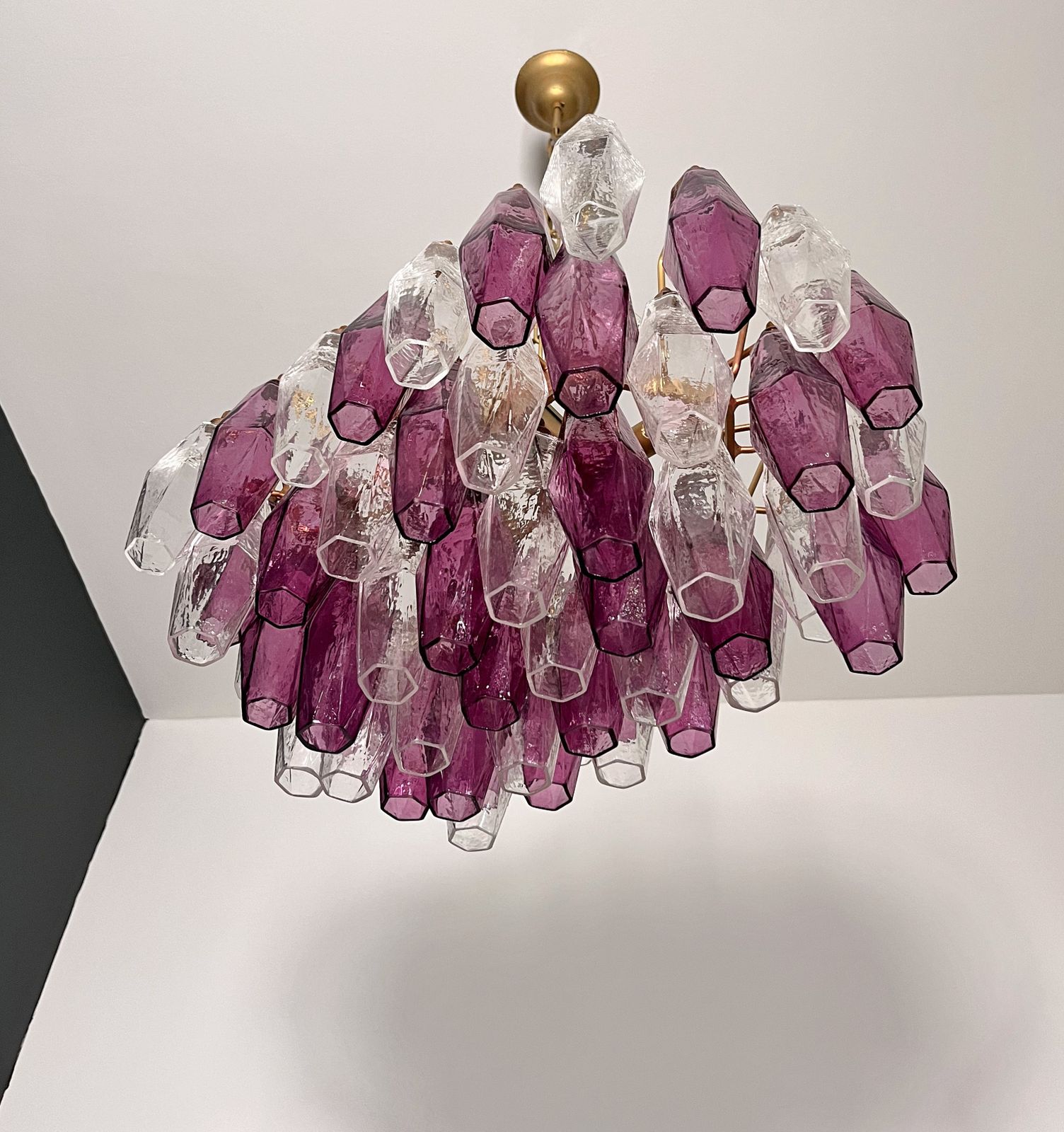 Elegant Murano Poliedri Chandelier   Carlo Scarpa   Clear And Amethyst Glasses photo for sale