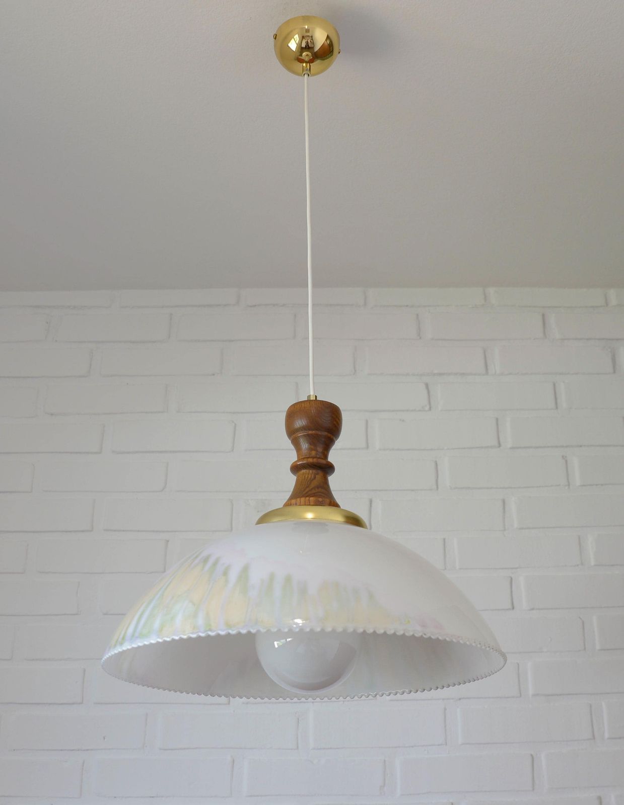 Vintage Pendant Light With Unique Glass Shade / Rustic Chandelier Made In Yugoslavia In The 1970's / Farmhous Dining Room Hanging Lamp photo furniture