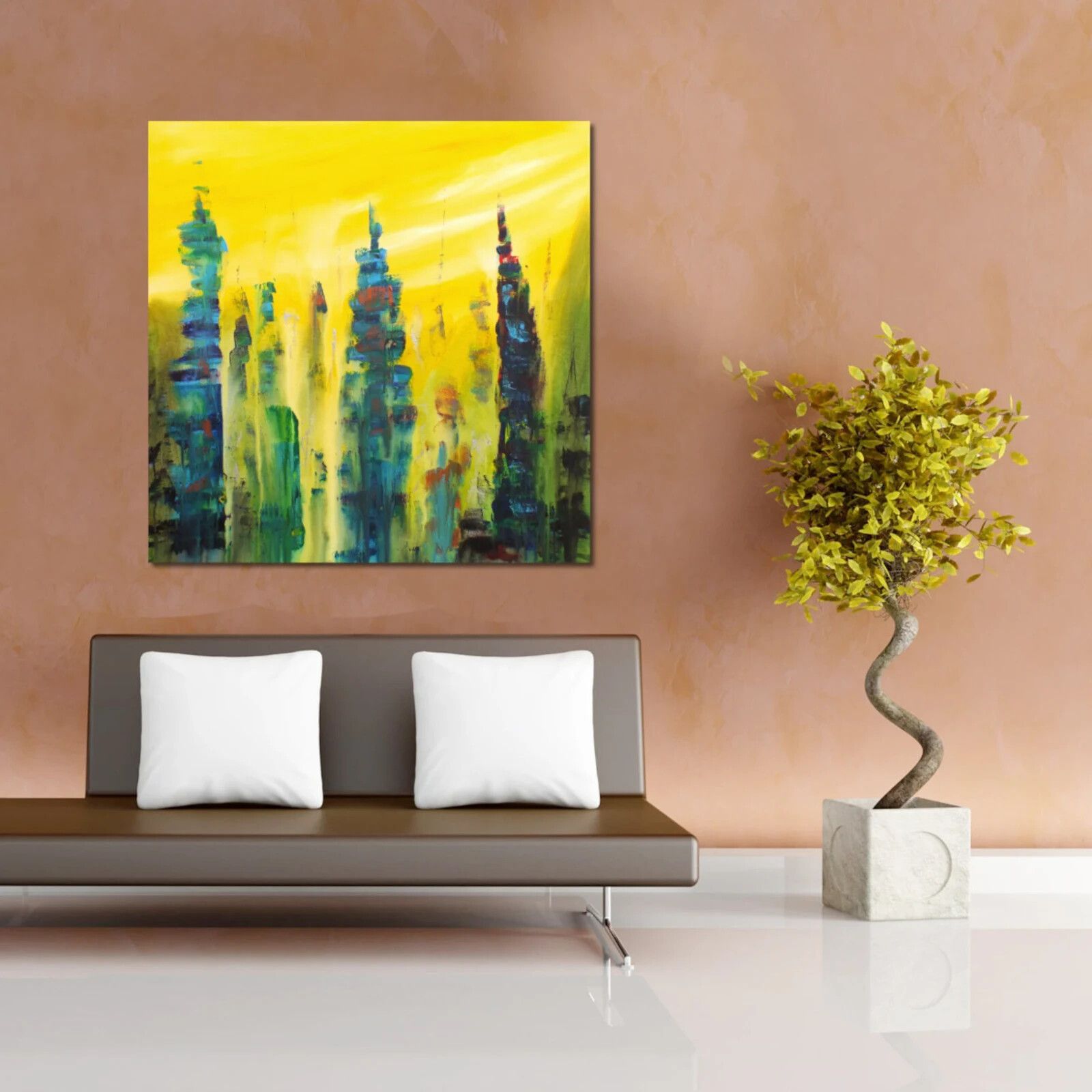 Large Abstract Cityscape Painting City Spires Signed  James Lucas 90cm X 90cm photo for sale