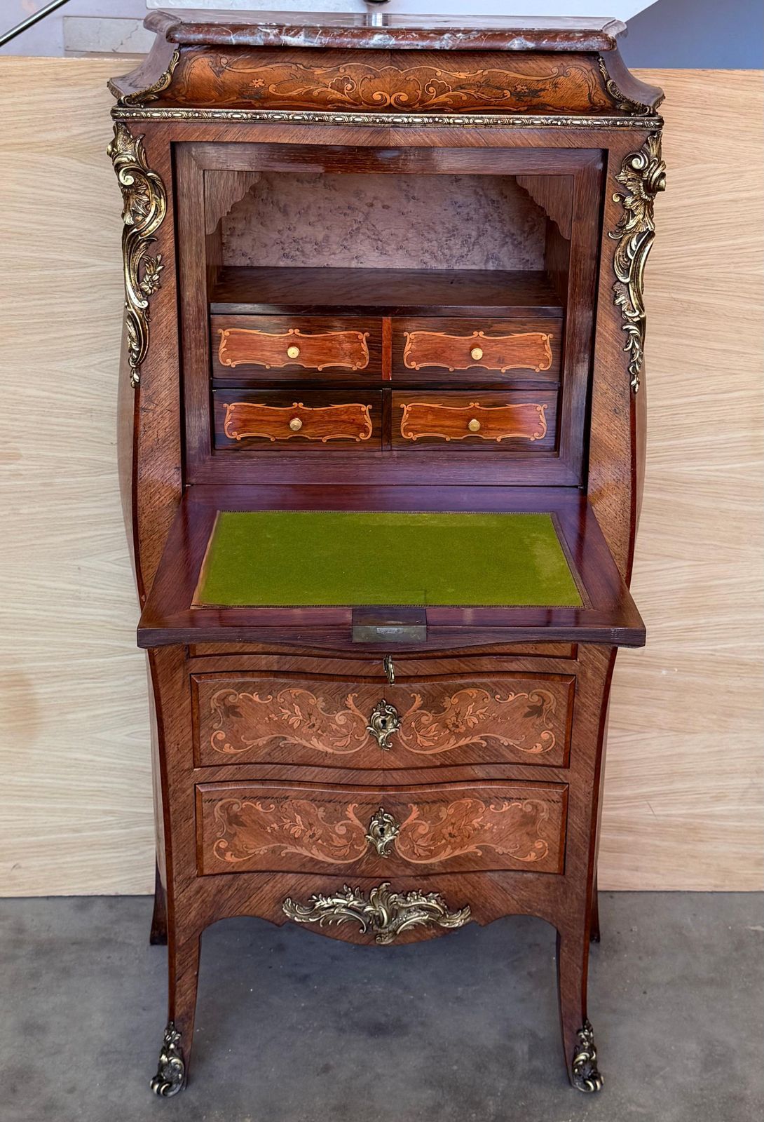 19th Century Bombe Marquetry Secrétaire à Abattant, Marble Top And Bronze Mounts photo Furniture