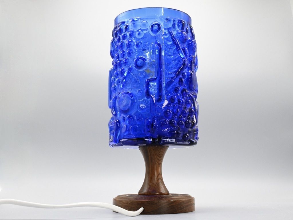 Large Vintage Blue Glass Table Lamp With Wooden Foot By Josef Schott For Smalhandshyttan Glass, Sweden 1960s