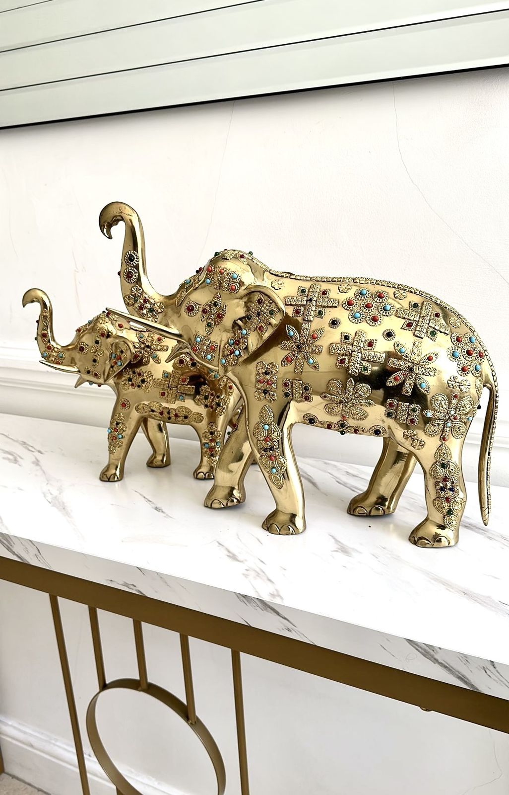 Pair Of Brass Elephant Sculptures With Semi Precious Stones