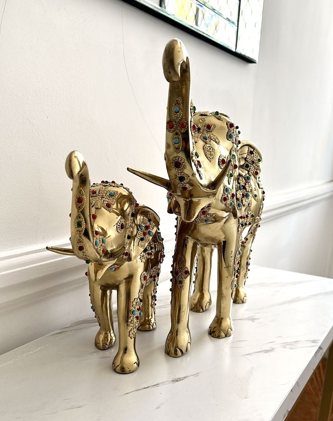 Pair Of Brass Elephant Sculptures With Semi Precious Stones photo for sale