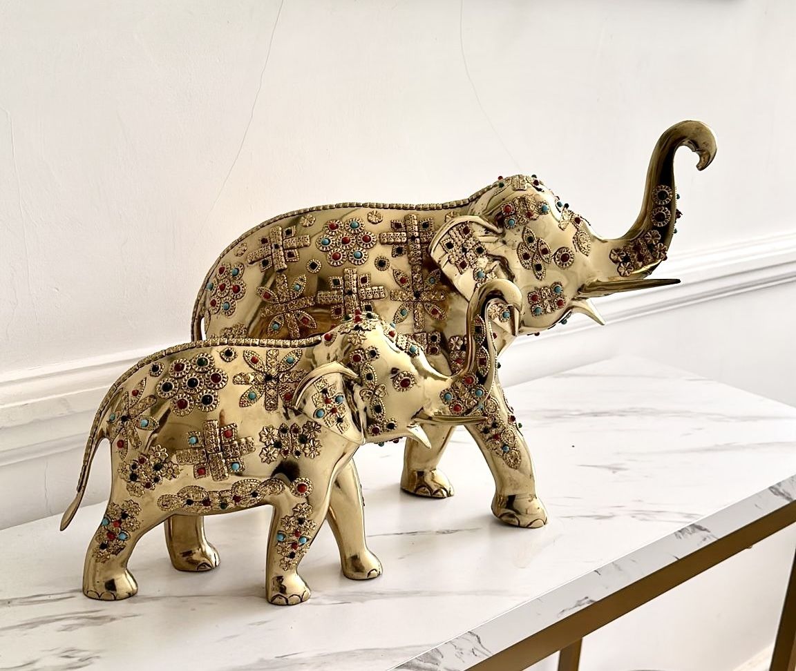 Pair Of Brass Elephant Sculptures With Semi Precious Stones photo vintage