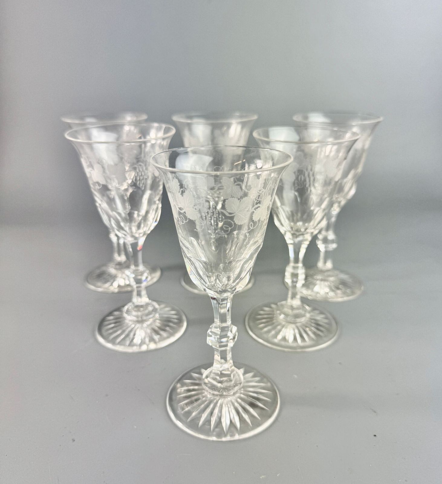 Set Of Six Edwardian Vine Engraved Sherry / Port Glasses