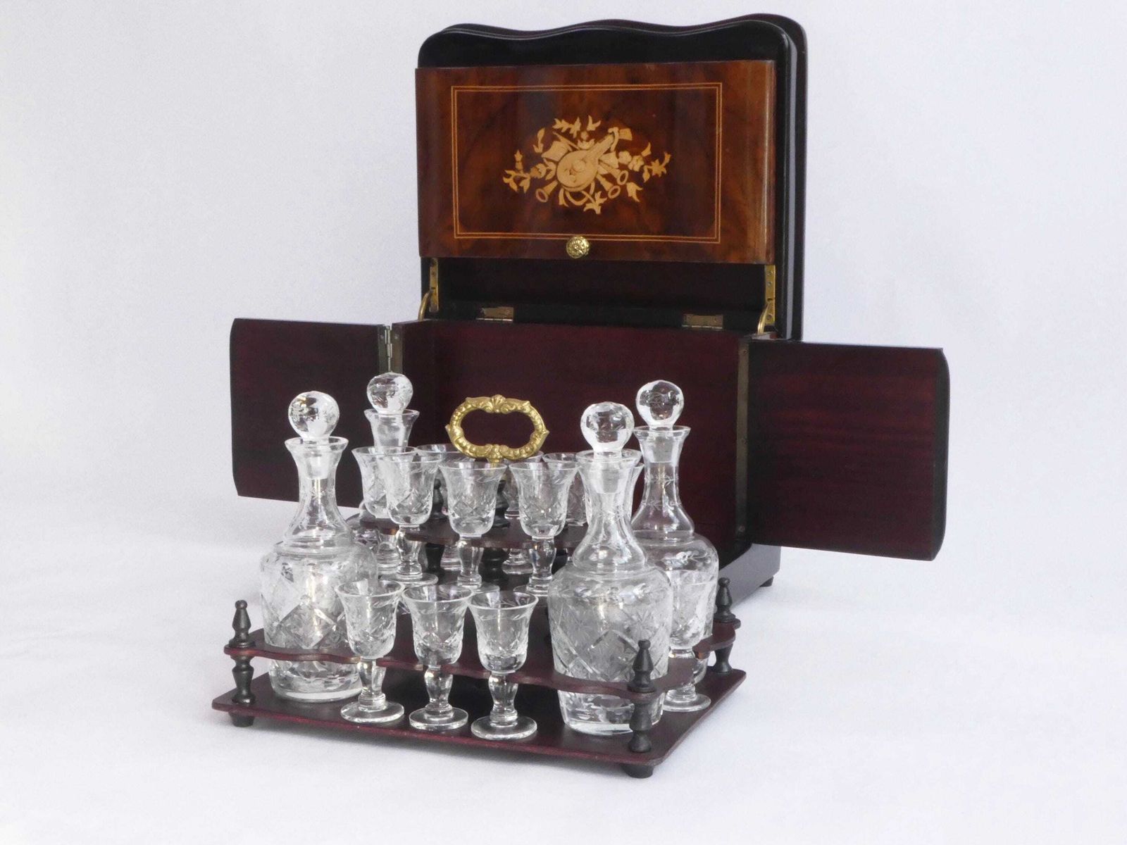 French Napoleon III Tantalus With Crystal Glassware, Antique Wooden Walnut Inlaid Liquor Cabinet, Cellar With Guitar Figure photo for sale