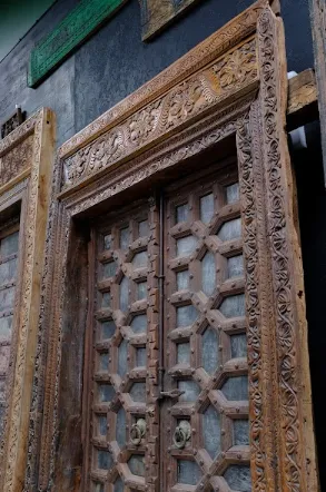 4995.0 Antique Indian Handcrafted Door With Frame | Early 20th Century Hand Carved Teak Wood & Ironwork | Rajasthani Architectural Piece photo