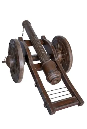 photo furniture Antique French Designed Teakwood Pillar Canon | Circa 1890 Hyderabad, India | Military Artillery With Working Wheels