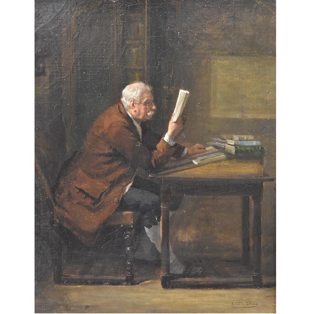 Antique Painting, Interior With Portrait Of A Man Reading, 19th Century. (Qr510) photo for sale