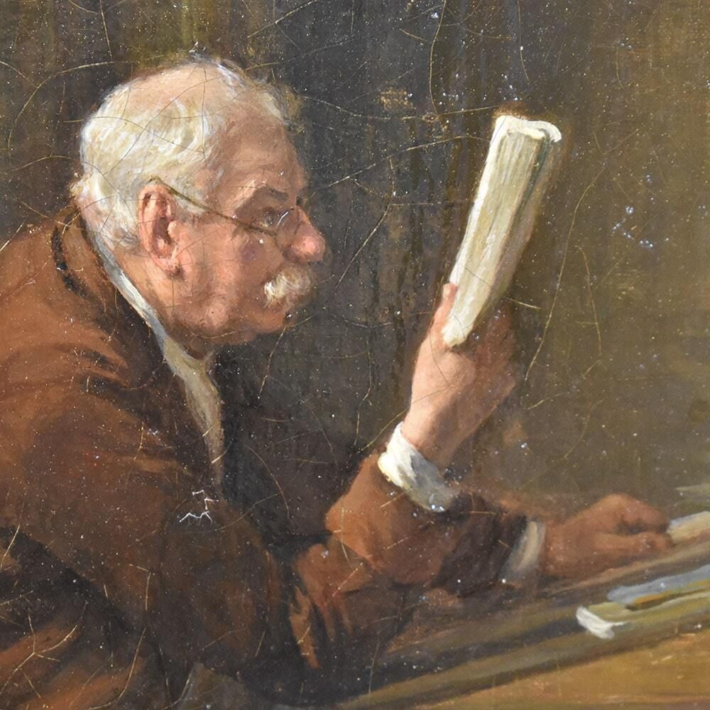 Antique Painting, Interior With Portrait Of A Man Reading, 19th Century. (Qr510) photo 1500.0