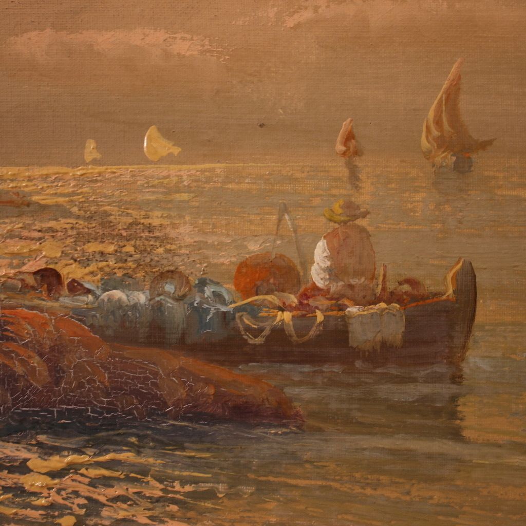 Painting Signed Remo Testa, Fishermen At Sunset photo buy