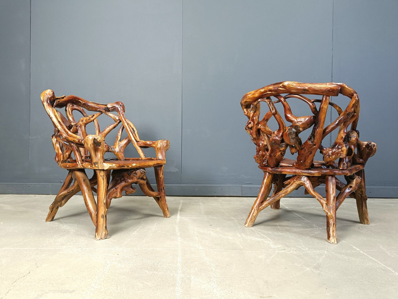 Rustic Wood And Knotted Root Armchairs, Set Of 4   1960s photo furniture