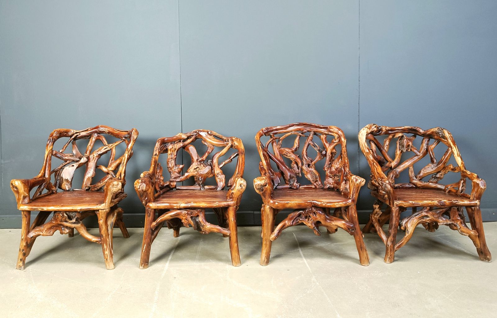 Rustic Wood And Knotted Root Armchairs, Set Of 4   1960s photo 1750.0