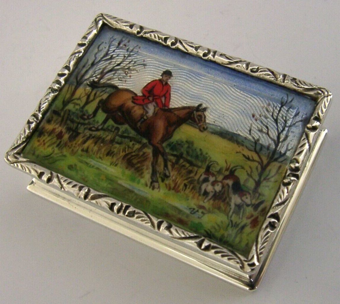 Rare Sterling Silver Enamel Fox Hunting Horse Riding Box 1977 photo for sale