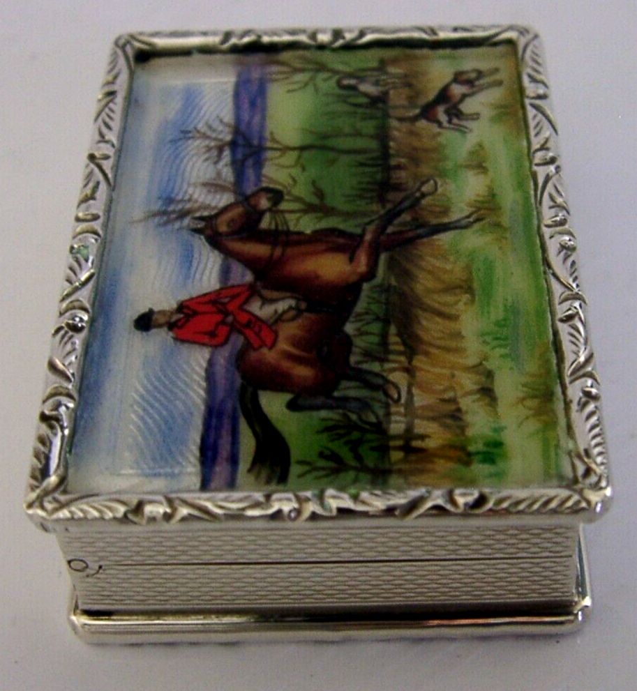 Super Rare Sterling Silver Enamel Fox Hunting Horse Riding Box 1977 Hand Painted photo for sale