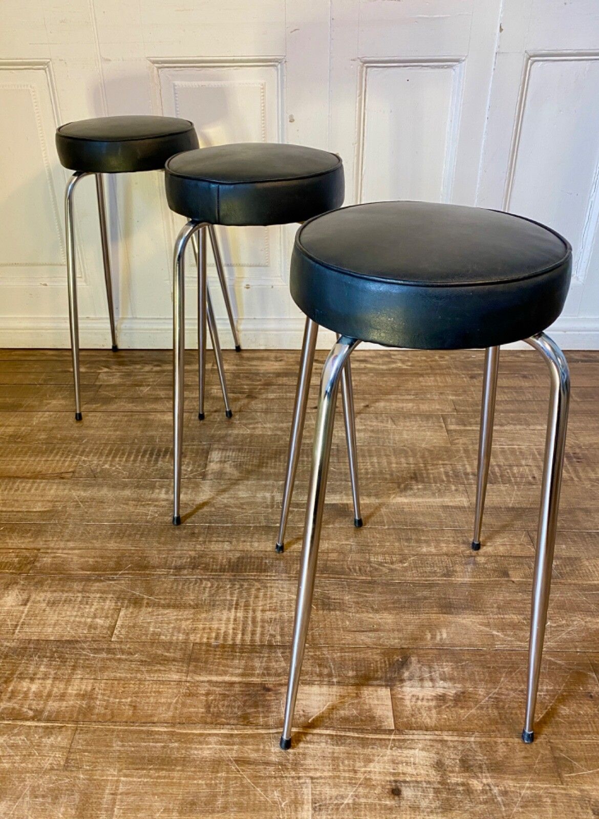 photo for sale 1 Of 2 Matching Original Vintage Mid Century 1960s Black & Chrome Stools.