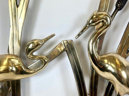 Mid Century Modern Brass Wall Sculpture With Crane Birds In Reeds, 1960s photo Art