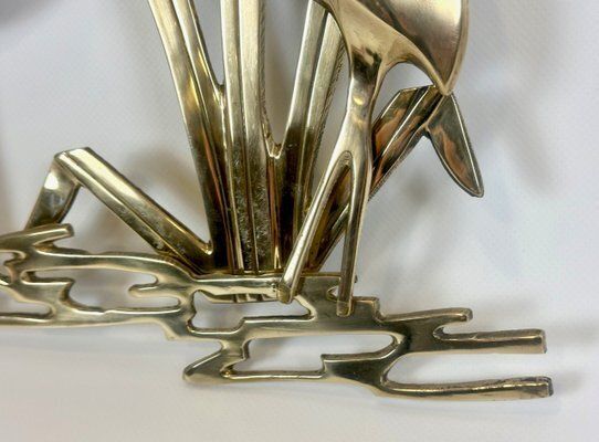 Mid Century Modern Brass Wall Sculpture With Crane Birds In Reeds, 1960s photo vinterior