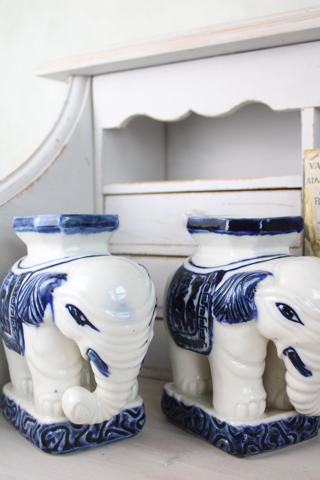 Pair Of Blue And White Ceramic Elephant Plant Stands photo vintage