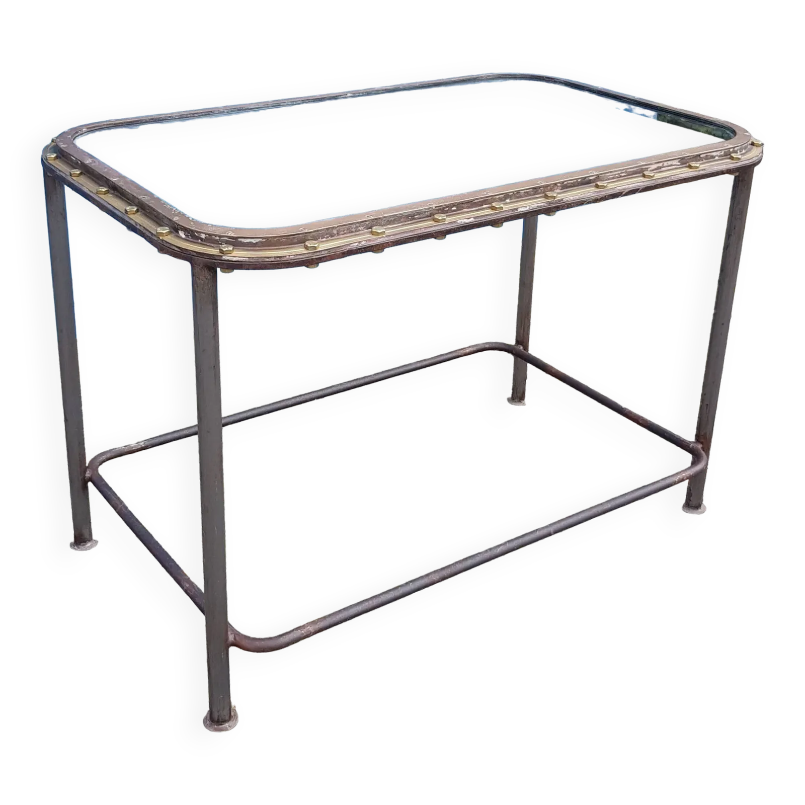 Table With Old Brass Ship's Porthole With Iron Base / 110 X 70 X 76 Cm