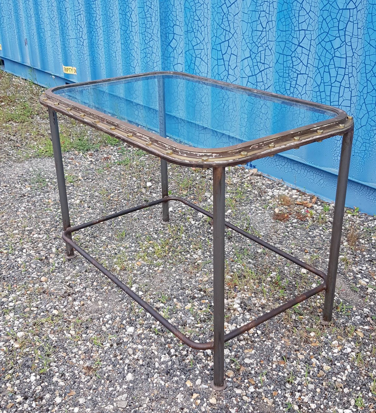 Table With Old Brass Ship's Porthole With Iron Base / 110 X 70 X 76 Cm photo 733.0
