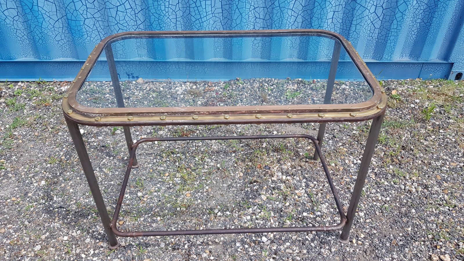 Table With Old Brass Ship's Porthole With Iron Base / 110 X 70 X 76 Cm photo buy