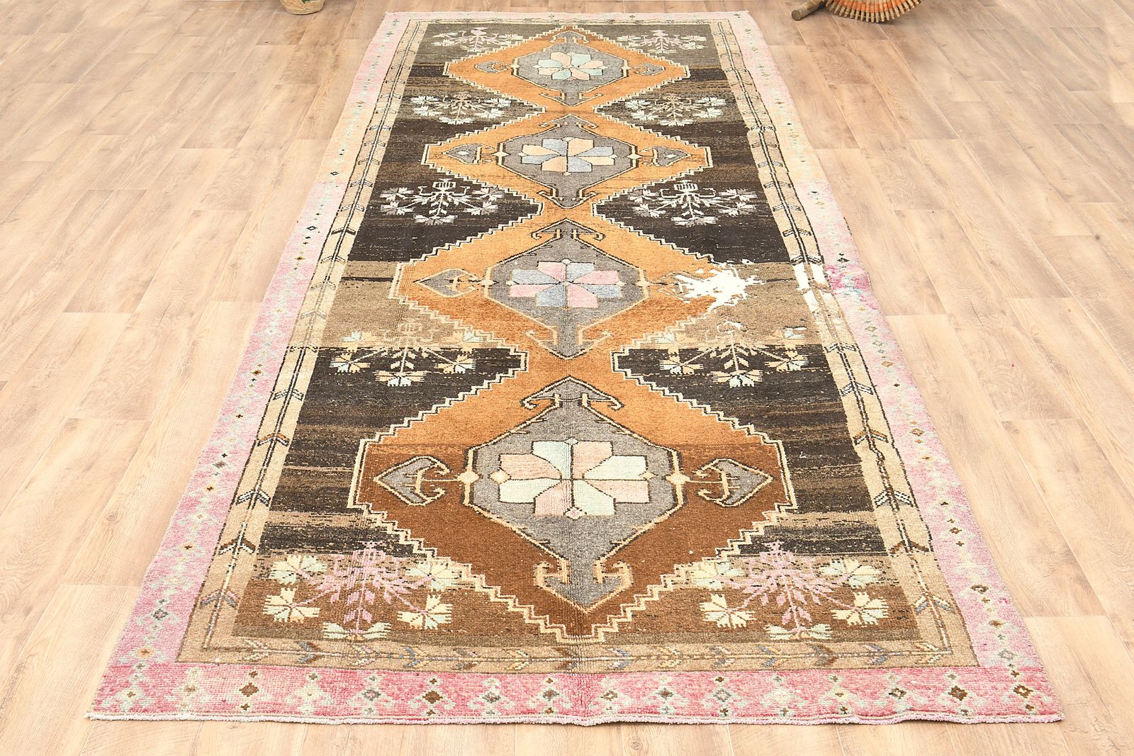 photo furniture 5'1x11'7 Ft, Vintage Turkish Wide Runner, Handmade, Soft Wool, Stair Rugs, Hallway Carpet, Woven Oushak Rug, Brown Orange Tones
