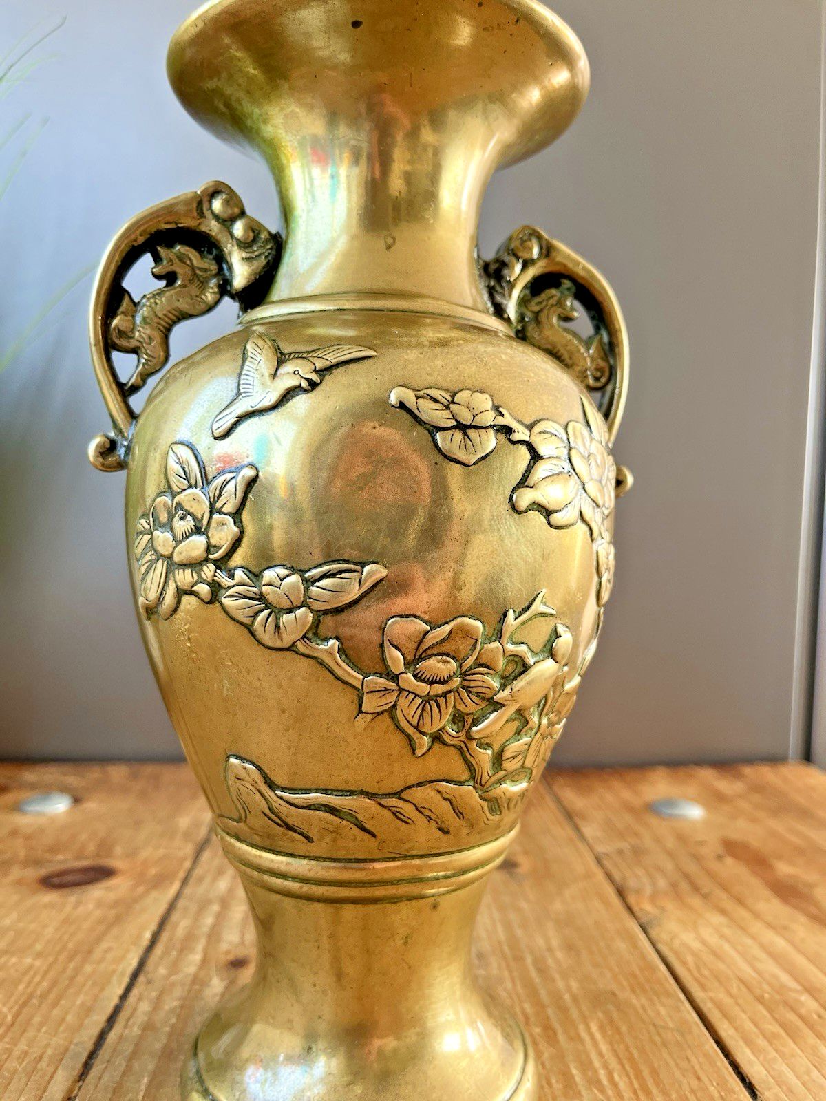 Antique Japanese Meiji Period Bronze / Brass Vase Bird Floral Aesthetic Movement photo for sale