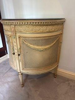 Vintage Louis XVI Revival Demi Lune Cane Cabinet With Glass Top photo furniture