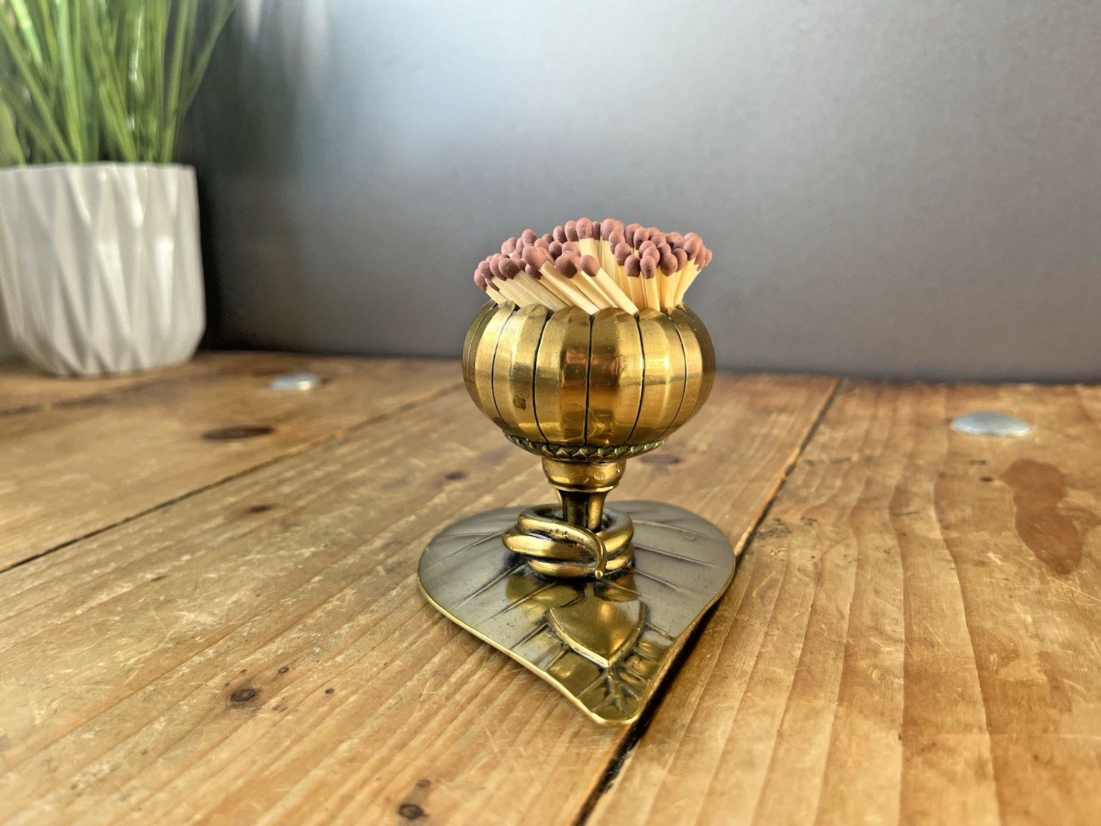 Antique Art Nouveau Brass Leaf Snake Flower Match Holder Incense Burner Candle photo for sale