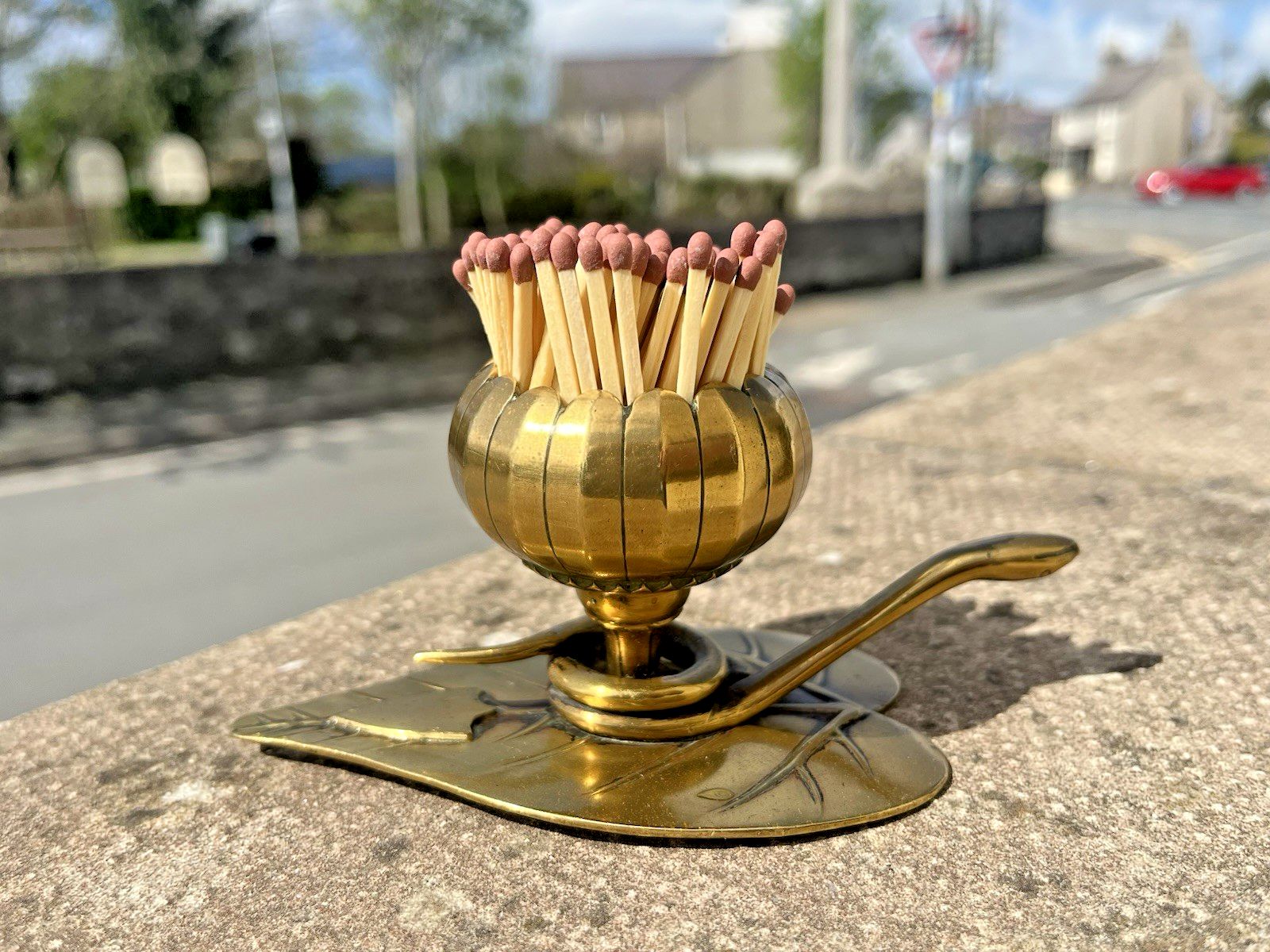 Antique Art Nouveau Brass Leaf Snake Flower Match Holder Incense Burner Candle photo vinterior