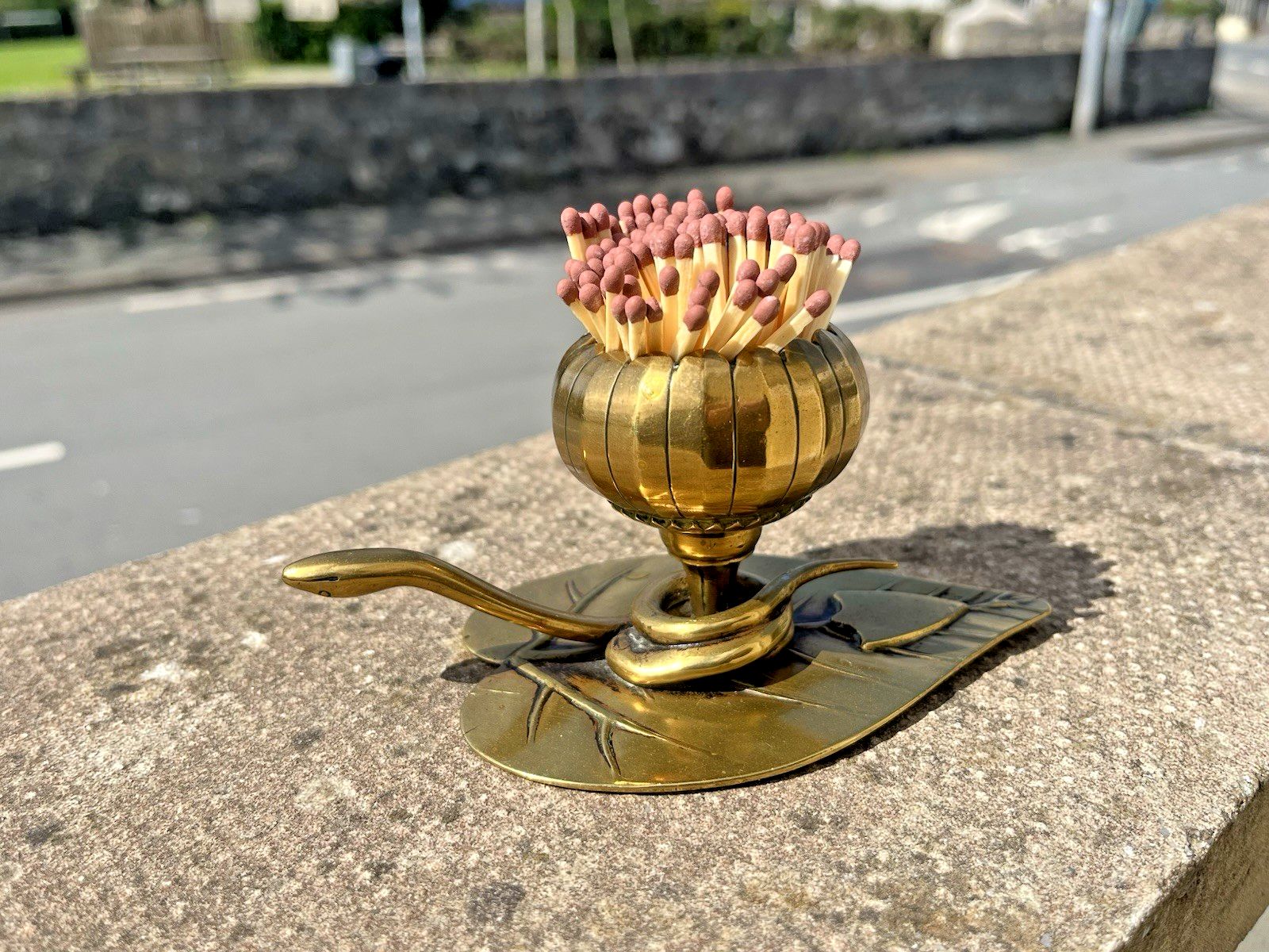 Antique Art Nouveau Brass Leaf Snake Flower Match Holder Incense Burner Candle photo buy