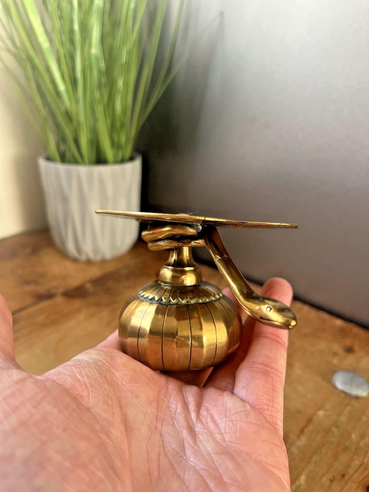 Antique Art Nouveau Brass Leaf Snake Flower Match Holder Incense Burner Candle photo vintage