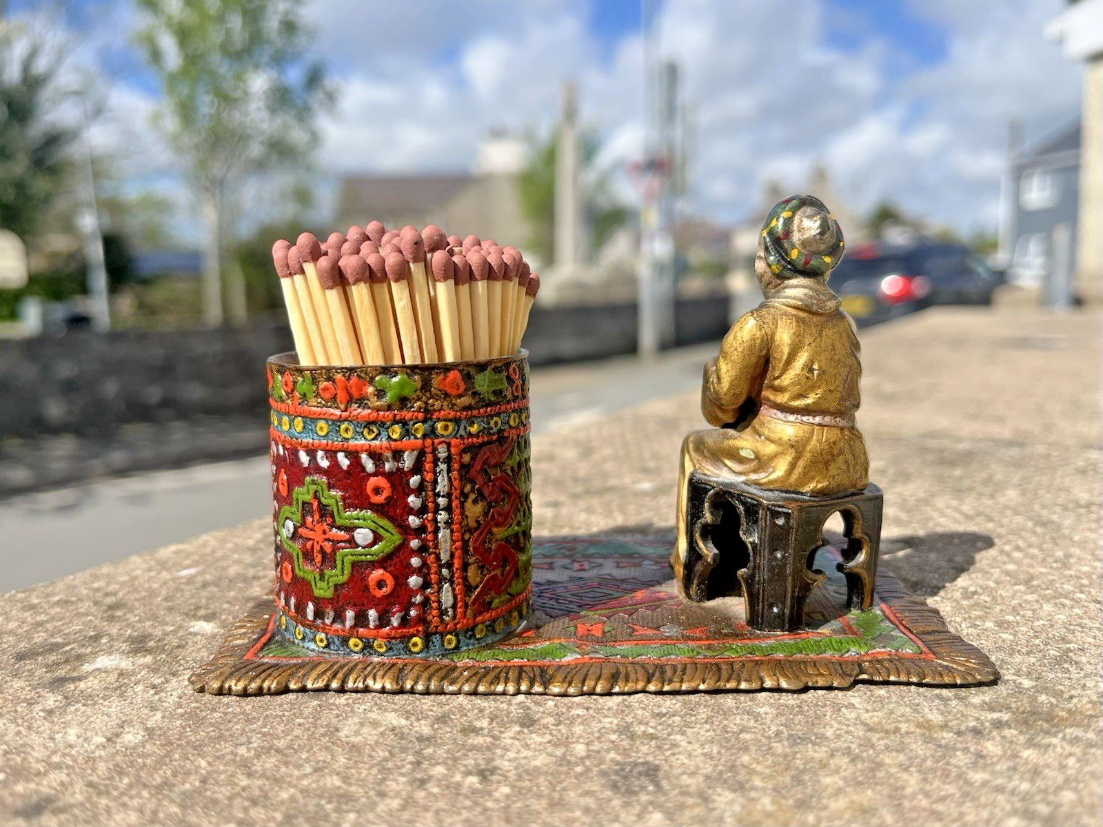 Antique Cold Painted Bronze Austria Arab Carpet Match Holder After Franz Bergman photo for sale