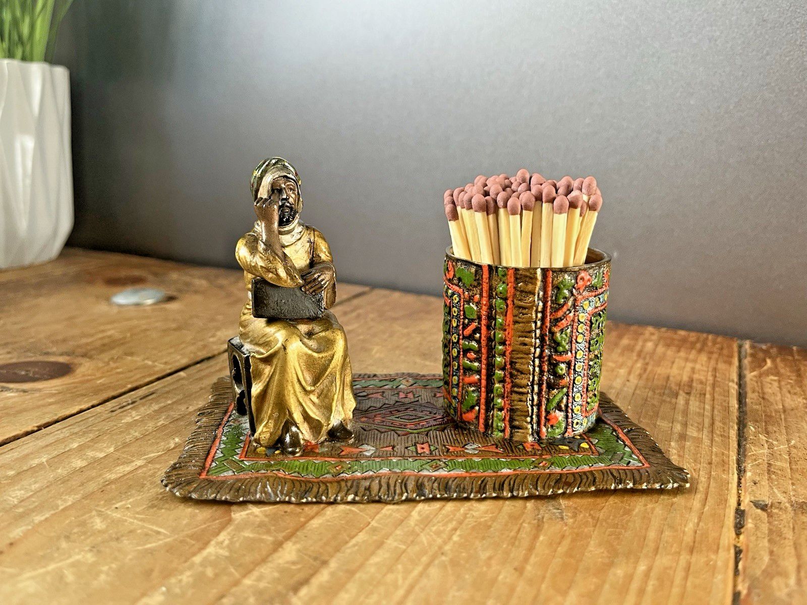 photo for sale Antique Cold Painted Bronze Austria Arab Carpet Match Holder After Franz Bergman