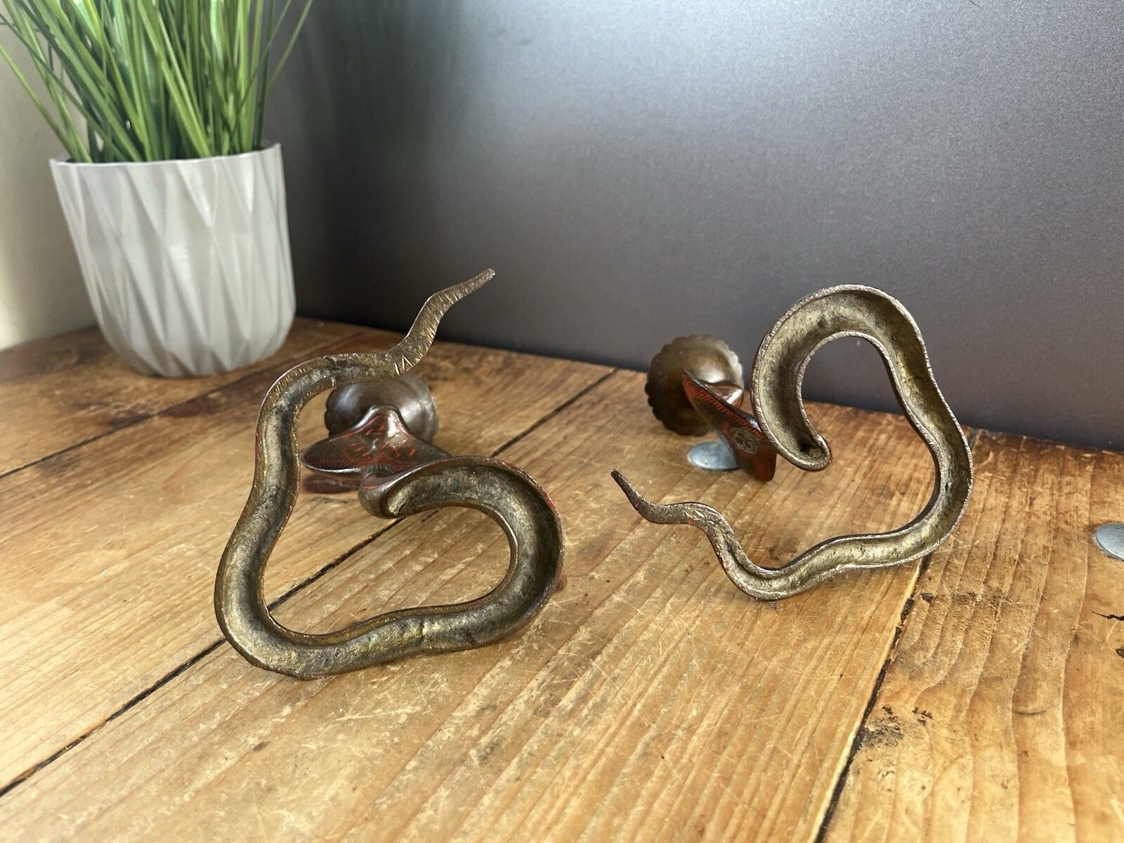 Home Decor Pair Of Vintage Indian Brass Enamel Paint Cobra Snake Candlesticks Candle Holder photo