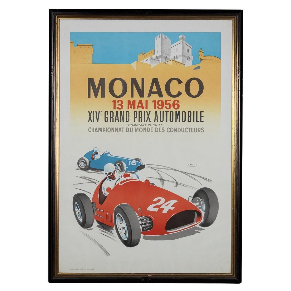 Vintage 20thc Framed 1956 Monaco Grand Prix Poster By Jean Ramel C.1985
