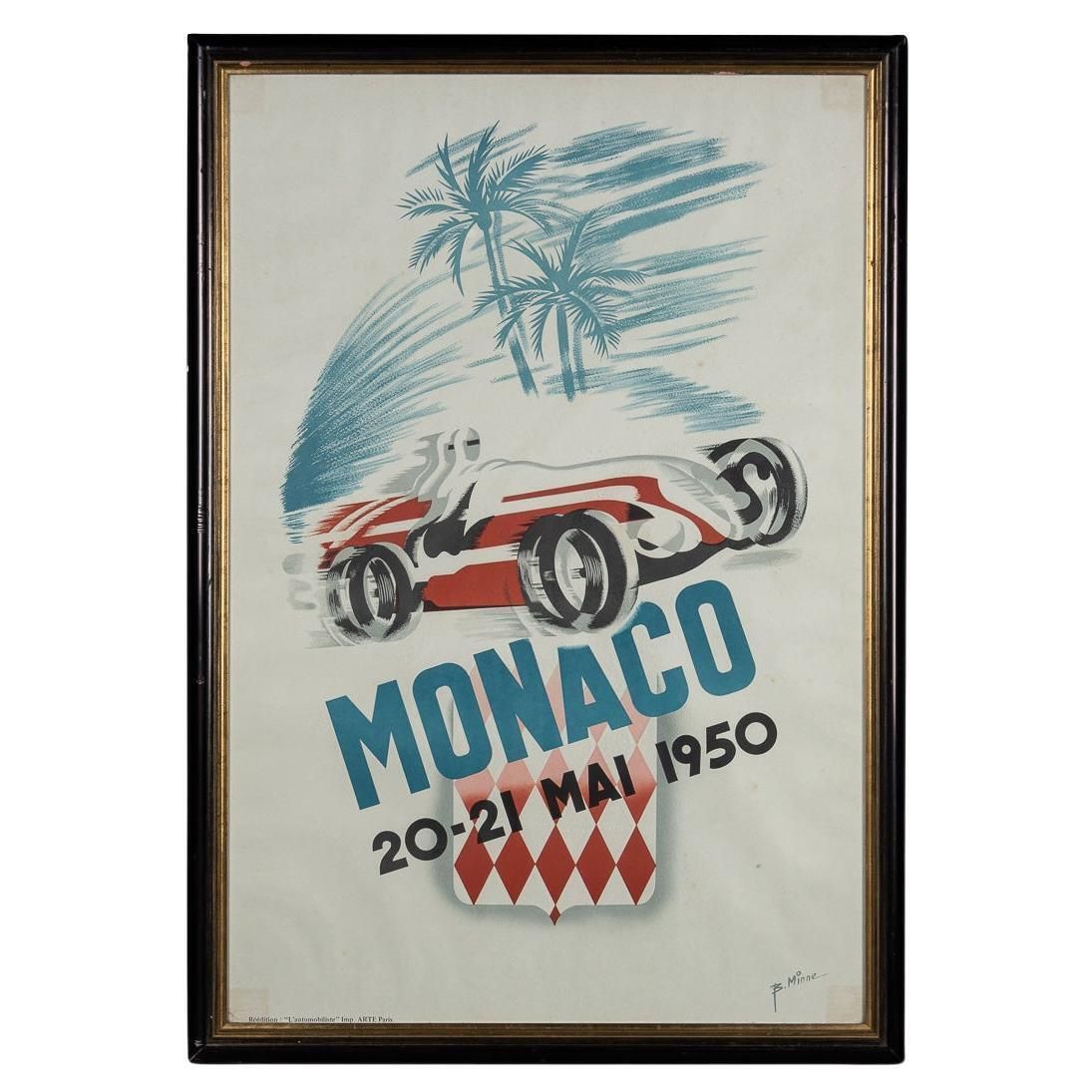 Vintage 20thc Framed 1950 Monaco Grand Prix Poster By Bernard Minne C.1983