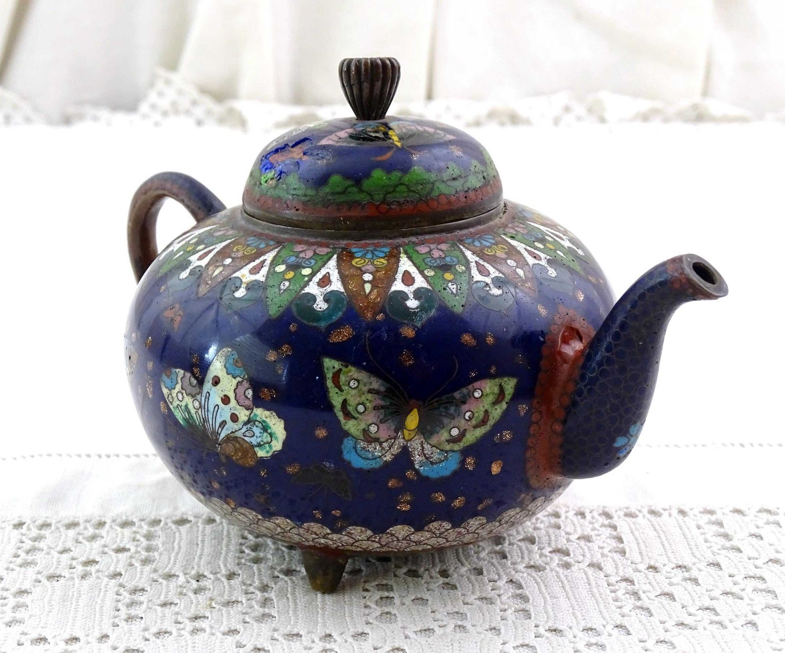 Antique 19th Century Meiji Japanese Cloisonné Teapot In Blue And Green With Butterfly Pattern, Vintage 1800s Enamel Craft Japan Tea Drinking photo for sale