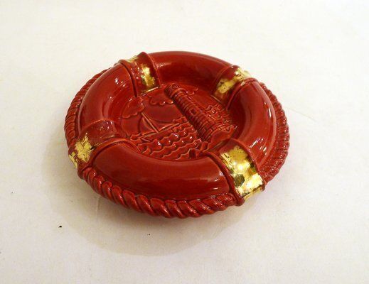 Buoy Ashtray In Red Earthenware And Gilding With Marine Decoration From Verceram, France 1950s 1960s