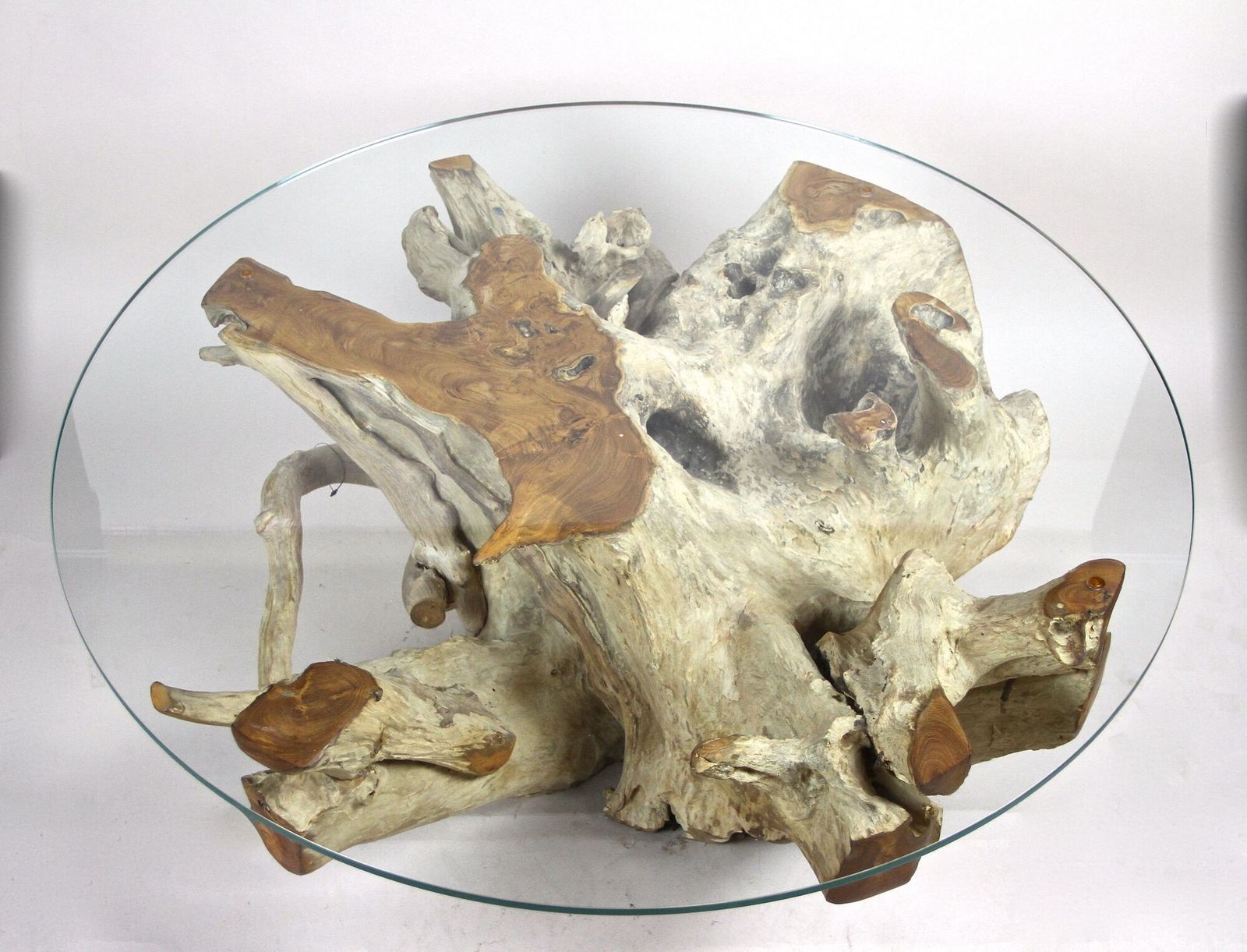 21st Century Round Teak Root Coffee Table With Glass, Organic Modern, 2024 photo for sale