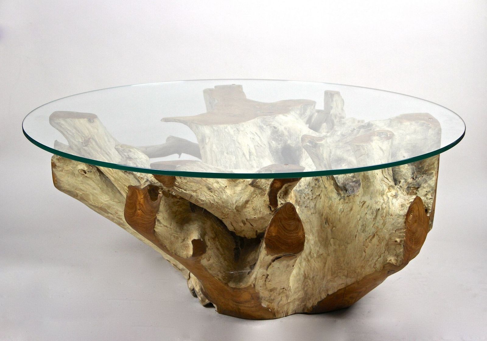 21st Century Round Teak Root Coffee Table With Glass, Organic Modern, 2024 photo vintage
