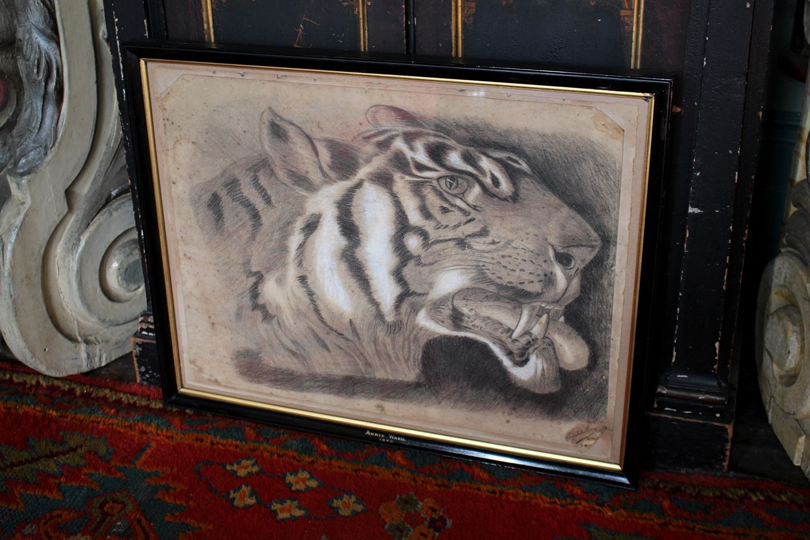 photo for sale Large 19th Century Charcoal On Paper Bengal Tiger Dated 1831 Curio Taxidermy