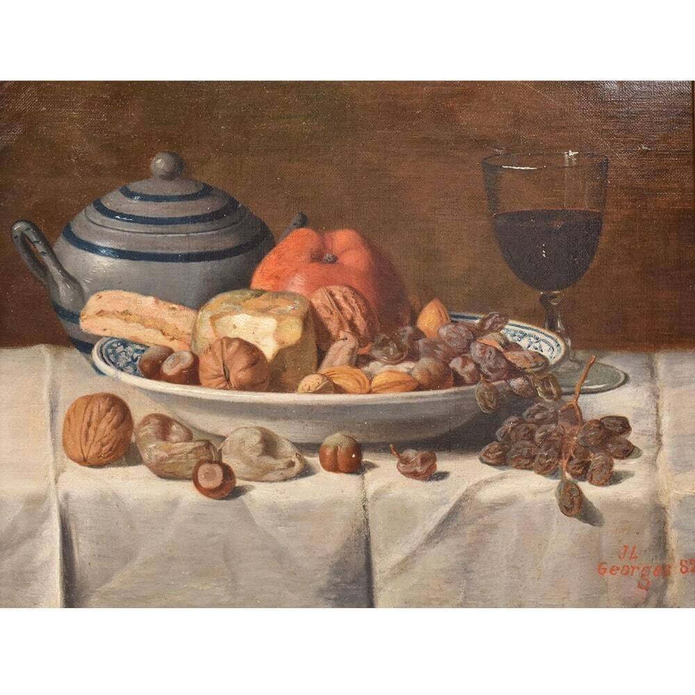 Still Life Oil Painting, Still Life With Fruit And Cheese, Oil On Canvas, Antique Painting, XIX Century. photo for sale