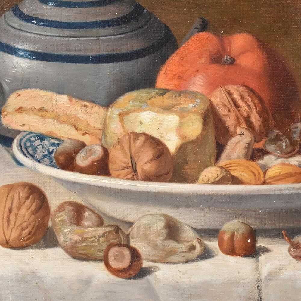 Still Life Oil Painting, Still Life With Fruit And Cheese, Oil On Canvas, Antique Painting, XIX Century. photo Art