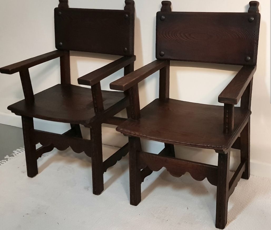 A Pair Of Antique Spanish Carved Oak Carver Chairs. photo for sale