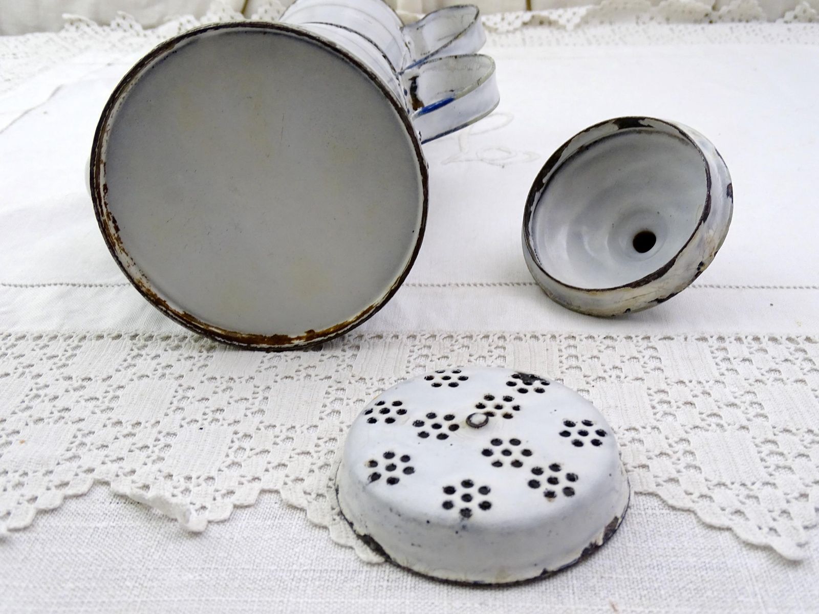 Small Antique French White Enamelware Complete Coffee Pot, 19th Century Early Enamel Pour Over Coffee Maker From France, Farmhouse Decor photo buy