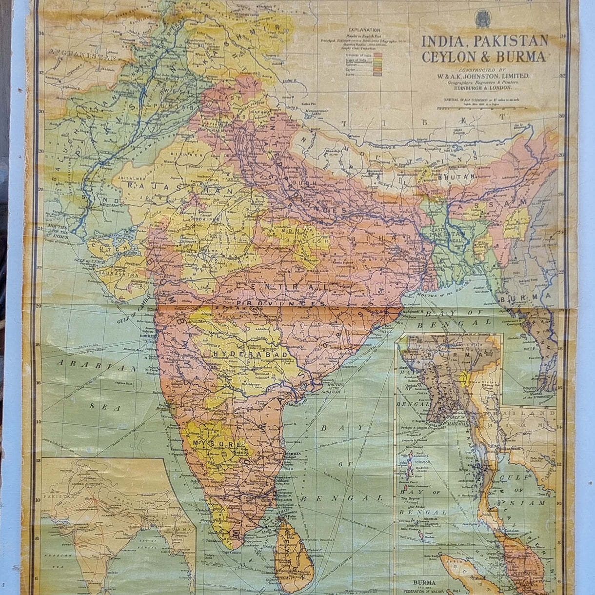 Vintage Wall Map Of India, Pakistan, Ceylon And Burma In 1950